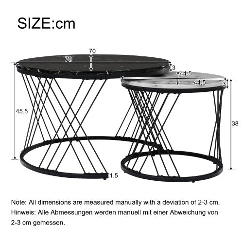 Round Coffee Table, Modern Coffee Table Set Of 2 Marble Pattern Top With Metal Frame, Small Side Table, End Table For Living Room, Bedroom, Home Office, Farmhouse, White And Black