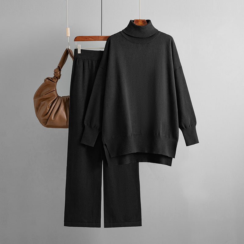 Solid Color Slit Sweater Loose Casual Knitted Two-piece