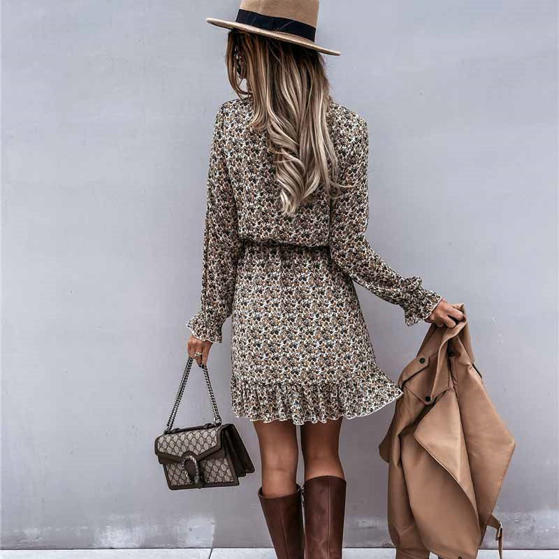 Elegant Print Long Sleeve Round Neck Pullover Women's Dress