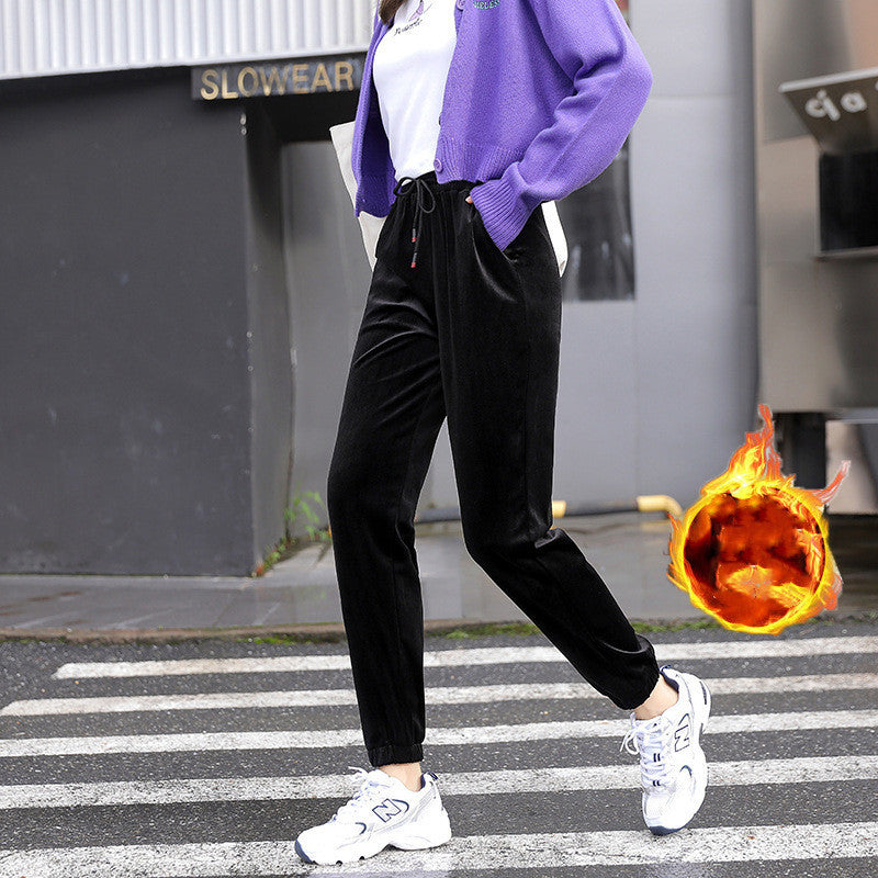 Gold velvet casual pants plus cashmere