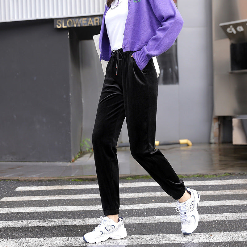 Gold velvet casual pants plus cashmere