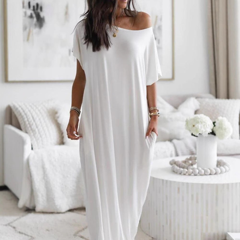 Women's Solid Color Short Sleeve And Long Pattern Casual Dress