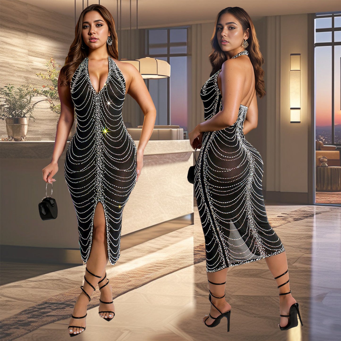 European And American Fashion Rhinestone Slim Fit Dress