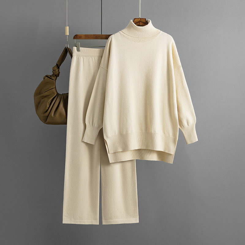Solid Color Slit Sweater Loose Casual Knitted Two-piece
