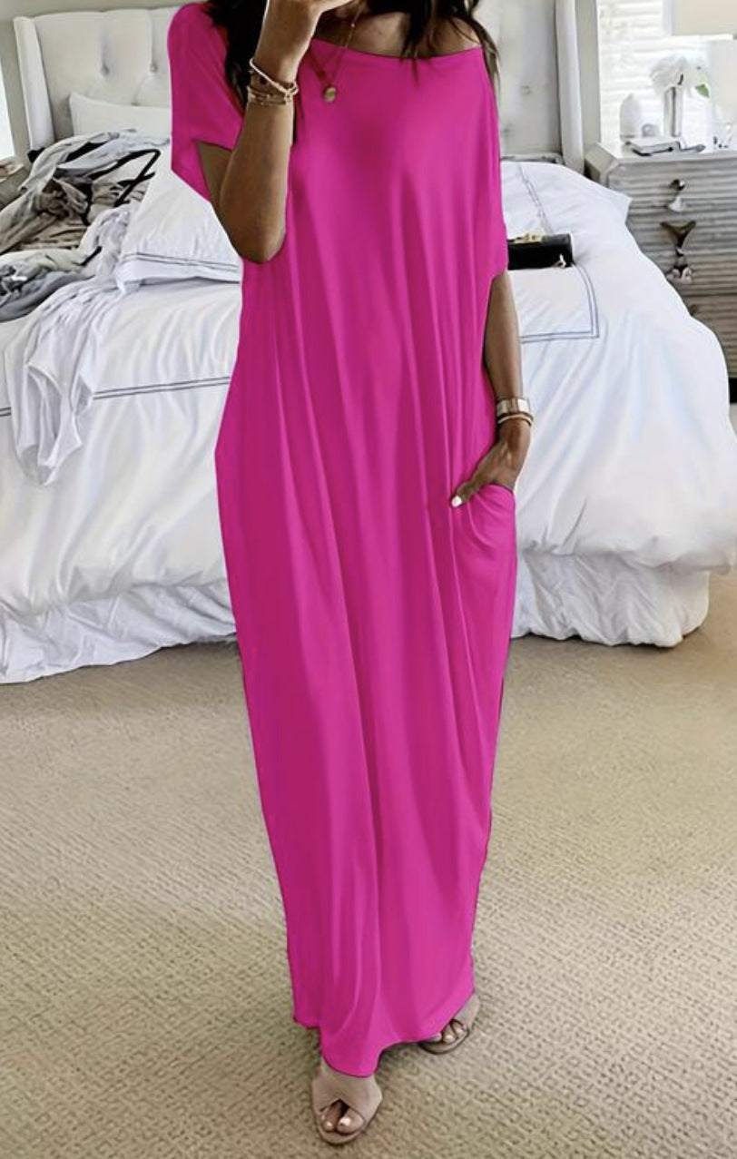 Women's Solid Color Short Sleeve And Long Pattern Casual Dress