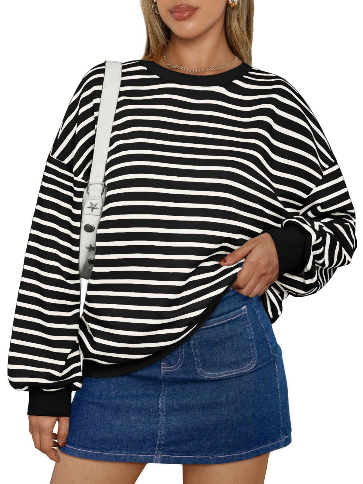 Striped Long-sleeved Crew Neck Oversized Sweatshirt Y2K Sweatshirt