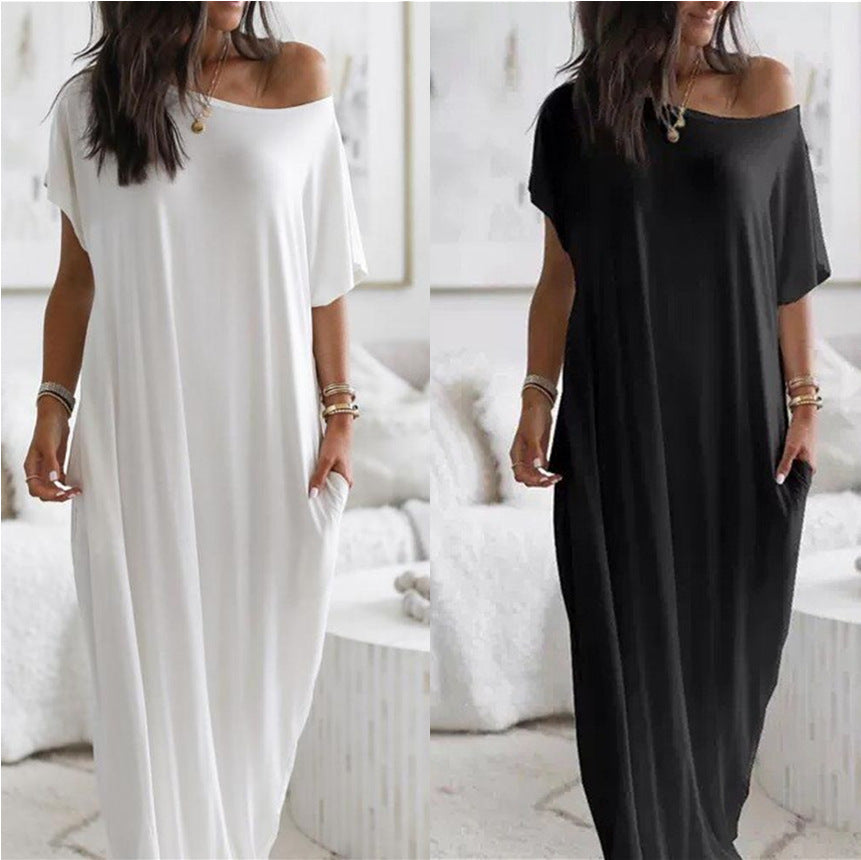 Women's Solid Color Short Sleeve And Long Pattern Casual Dress