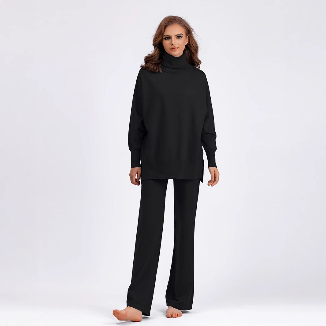 Solid Color Slit Sweater Loose Casual Knitted Two-piece