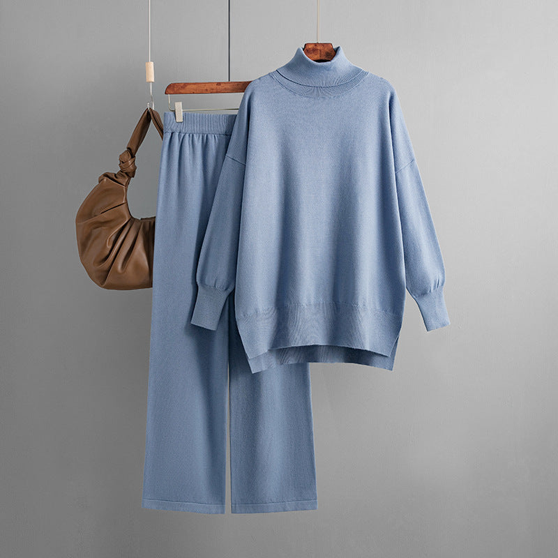 Solid Color Slit Sweater Loose Casual Knitted Two-piece