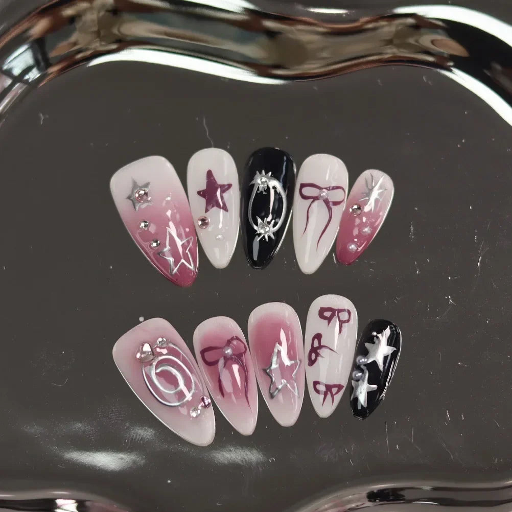 Almond Glitter Bowknot Press-On Nails