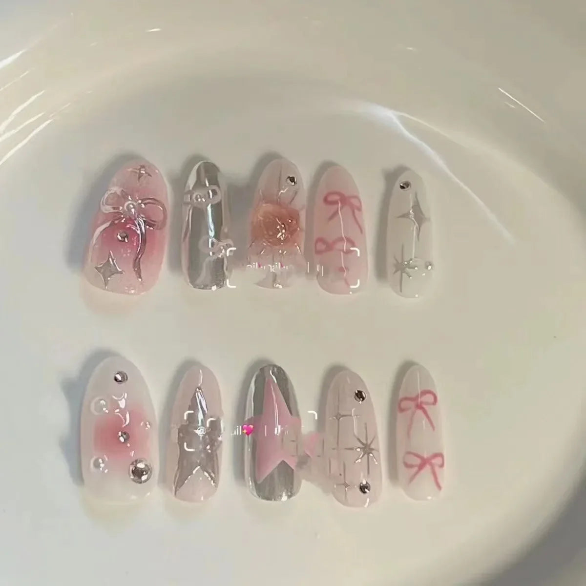 Almond Glitter Bowknot Press-On Nails