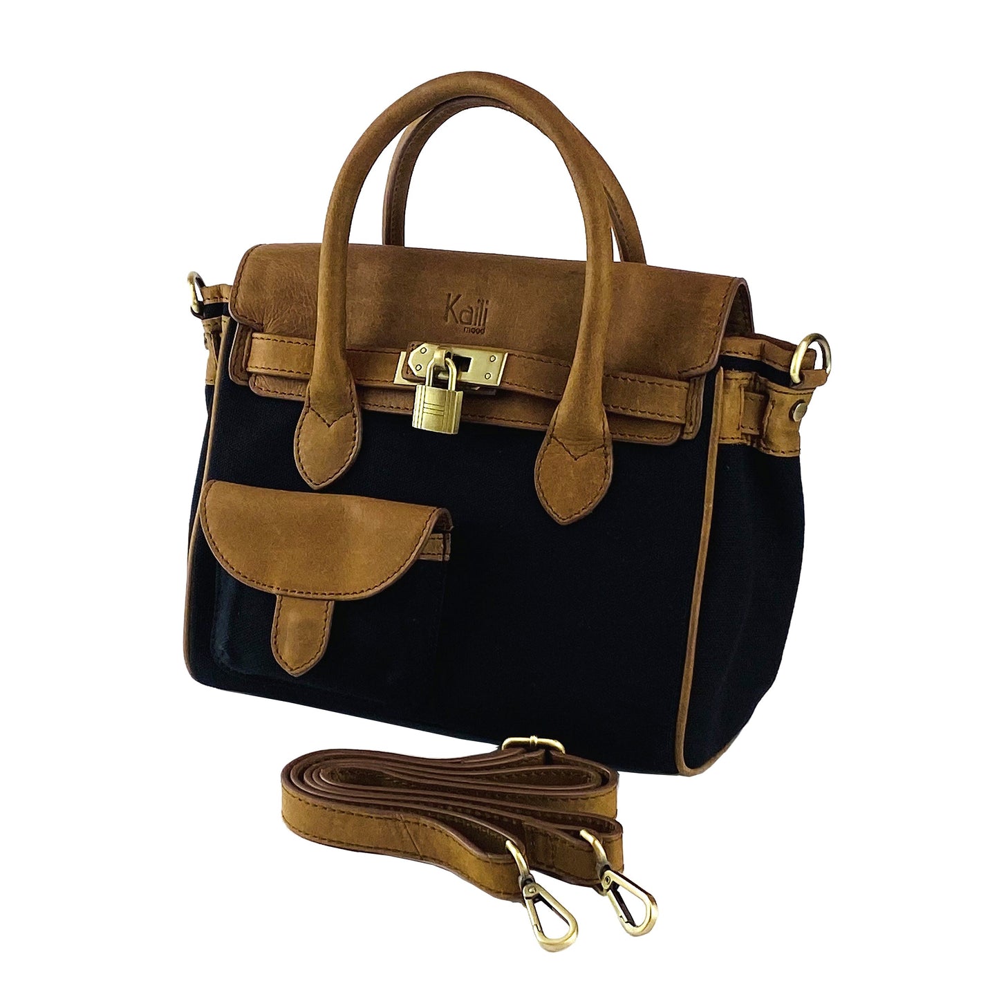 K0042ACB | Mini Canvas/Genuine Leather Handbag Made in Italy. Removable shoulder strap. Antique Brass metal snap hook attachments. Color: Black. Dimensions: 24 x 20 x 12 cm.