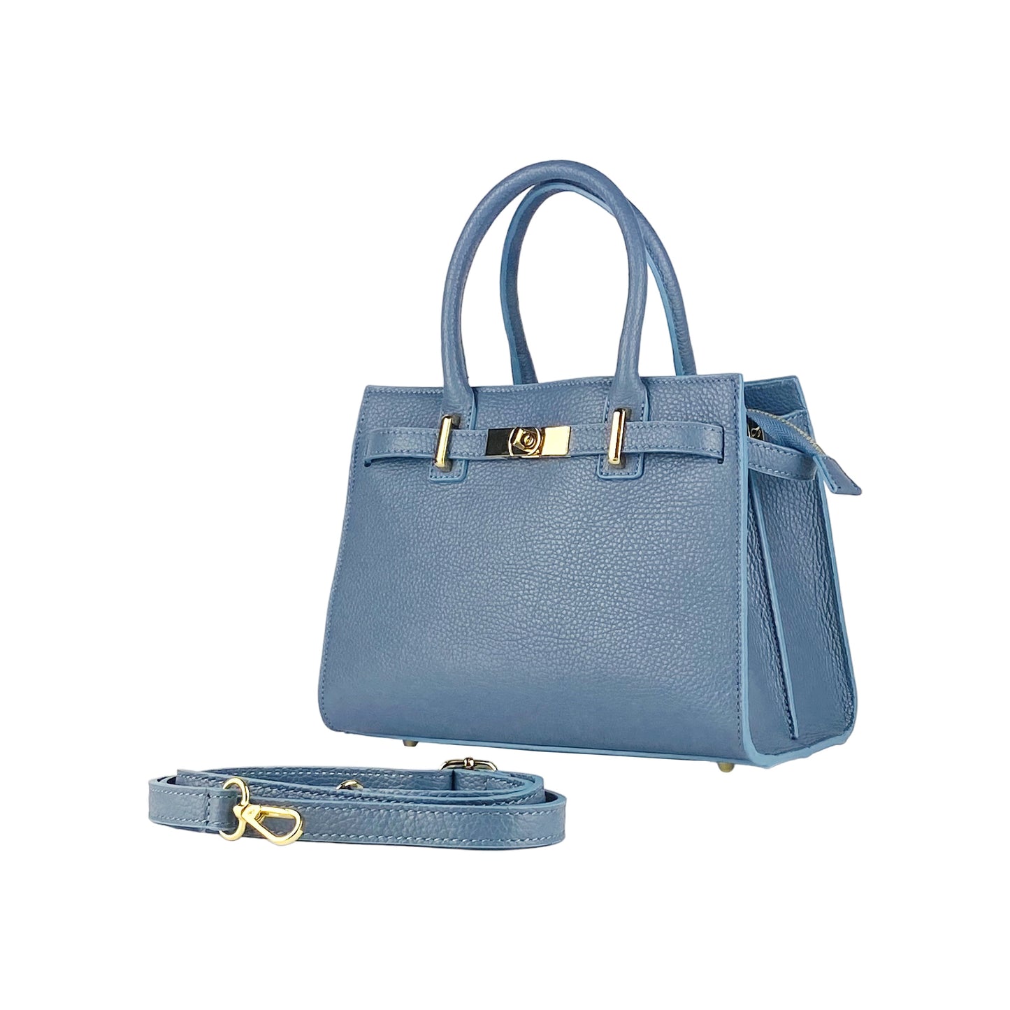 RB1016P | Women's Genuine Leather Handbag Made in Italy with Removable Shoulder Strap. Attachments with Shiny Gold Metal Snap Hooks - Color: Air Force Blue - Dimensions: 28 x 20 x 14 + 12.5 cm