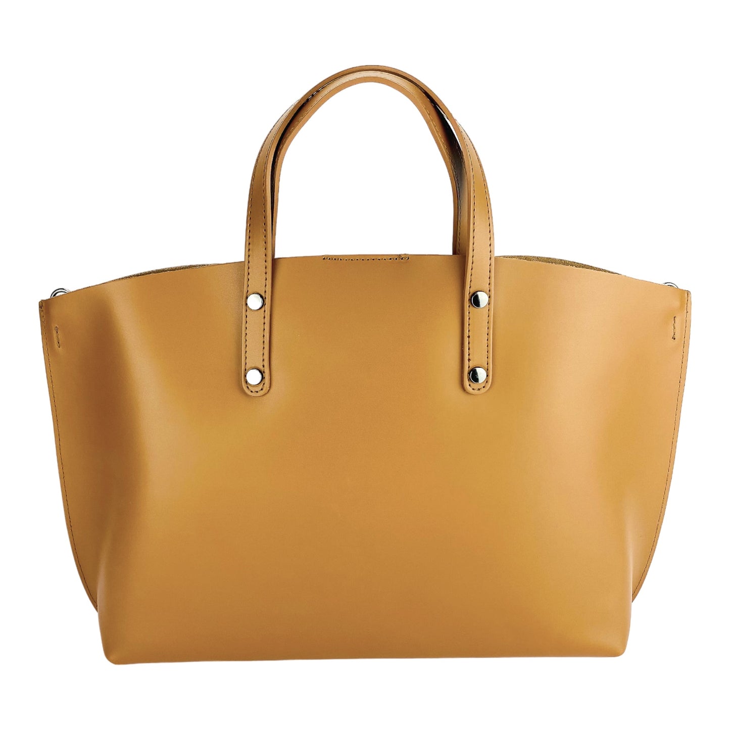 RB1024S | Women's Genuine Leather Handbag Made in Italy with removable shoulder strap. Large removable internal pouch. Polished Gunmetal Accessories - Cognac Color - Dimensions: 48x31x11 cm