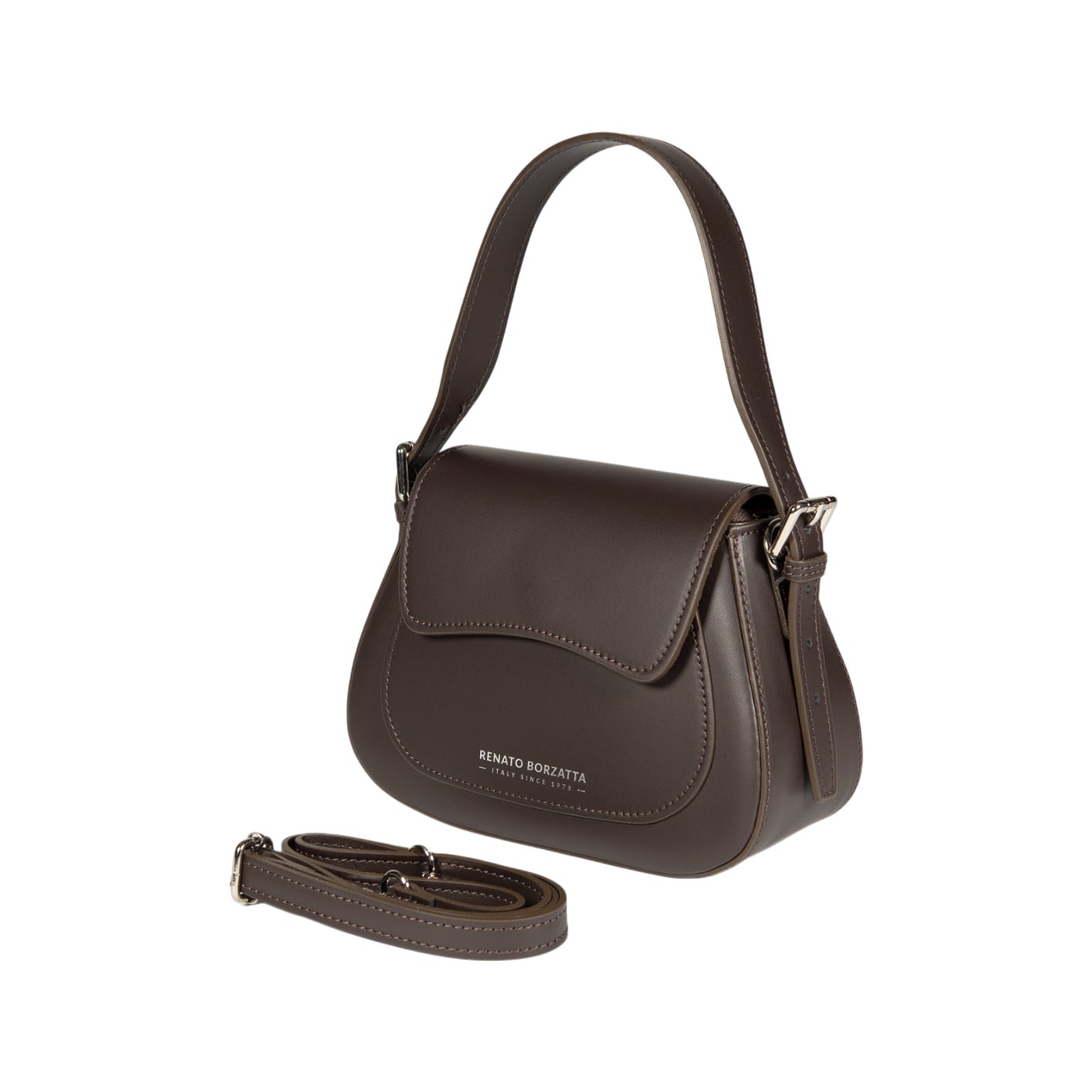 RB1030B | EMMA Women's Shoulder Bag with Flap in Genuine Leather Made in Italy. Polished Silver Metal Accessories - Dark Brown Color - Dimensions: 24 x 18 x 9 + 14.5 cm (Handle Drop)