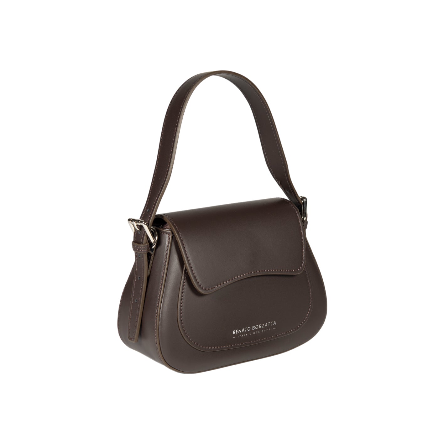 RB1030B | EMMA Women's Shoulder Bag with Flap in Genuine Leather Made in Italy. Polished Silver Metal Accessories - Dark Brown Color - Dimensions: 24 x 18 x 9 + 14.5 cm (Handle Drop)