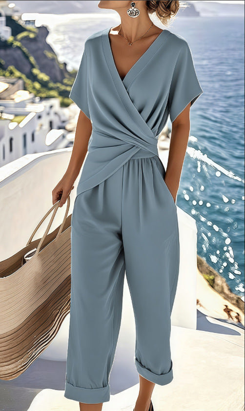 Fashion Solid Color Irregular Short Sleeve Suit