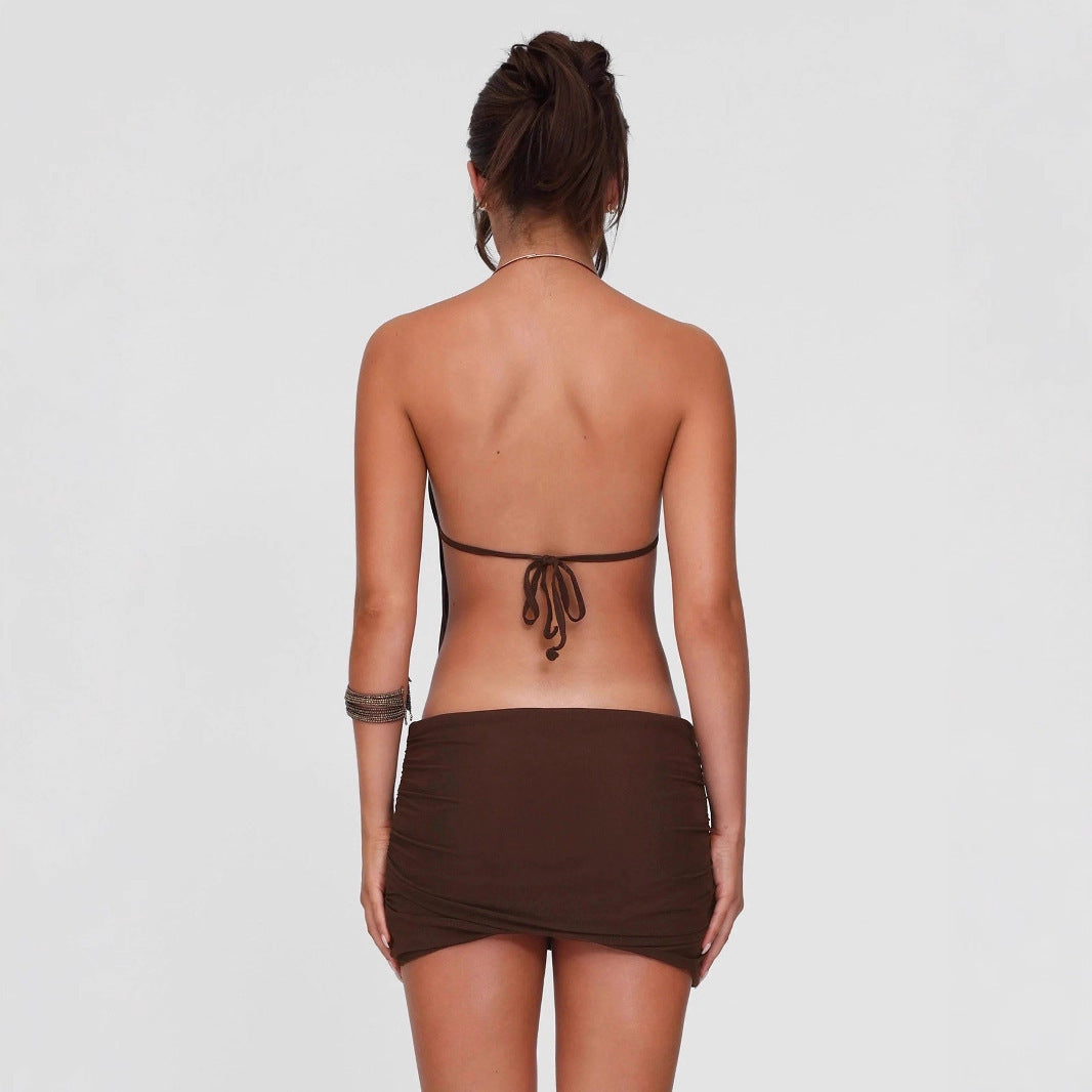 Metal Ring Halter Sexy Backless Lace Up Dress