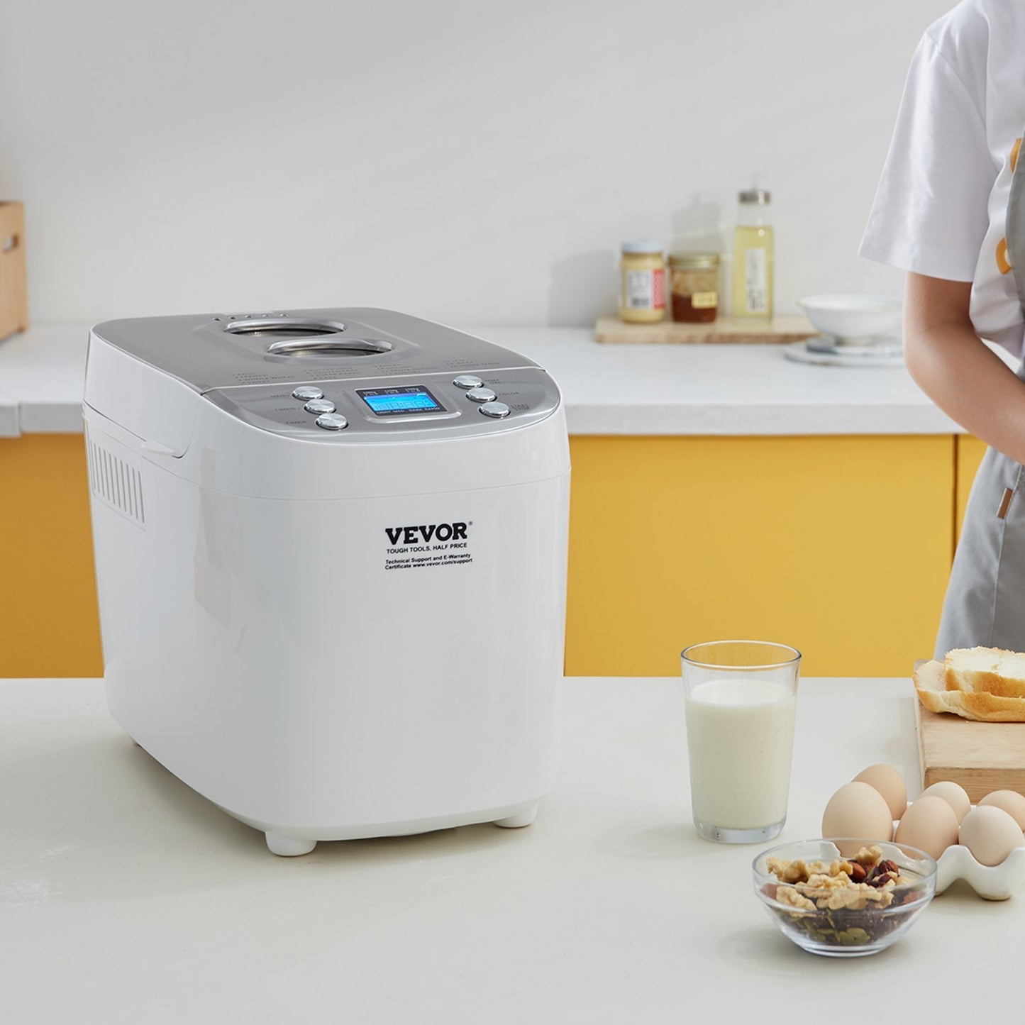Bread Maker, 15-in-1 3LB Dough Machine, Nonstick Ceramic Pan Automatic Breadmaker With Gluten Free Setting, Whole Wheat Bread Making, Digital, Programmable, 3 Loaf Sizes, 3 Crust Colors, White