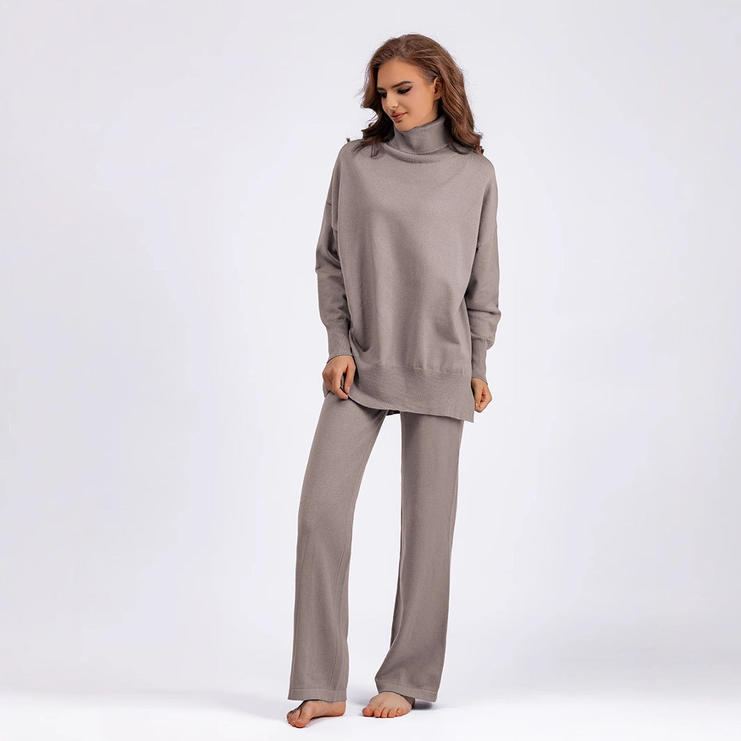 Solid Color Slit Sweater Loose Casual Knitted Two-piece