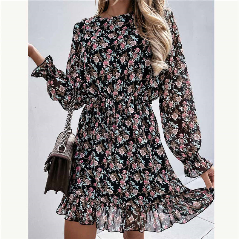Elegant Print Long Sleeve Round Neck Pullover Women's Dress