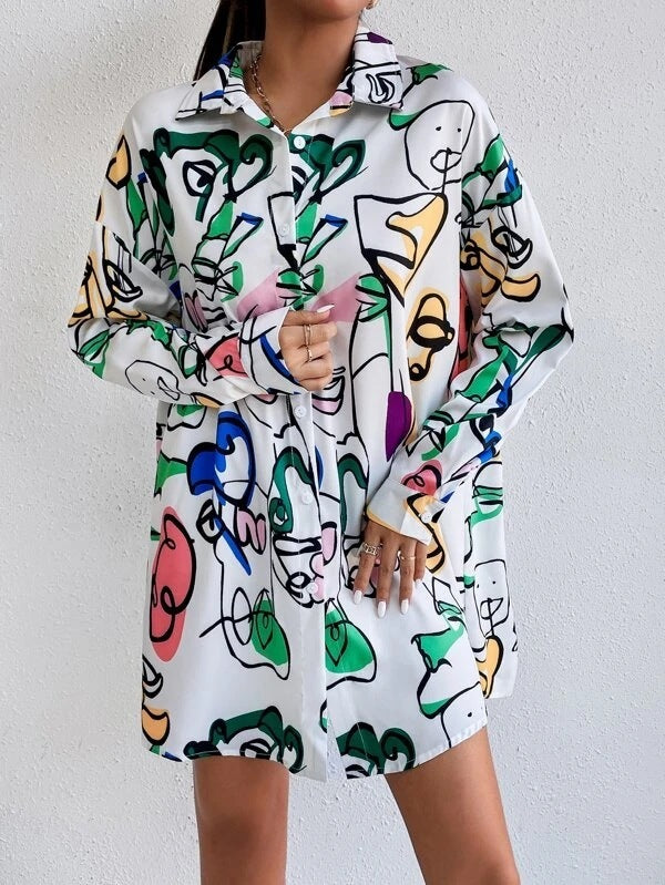 Ladies Fashion Belt Shirt Print Dress