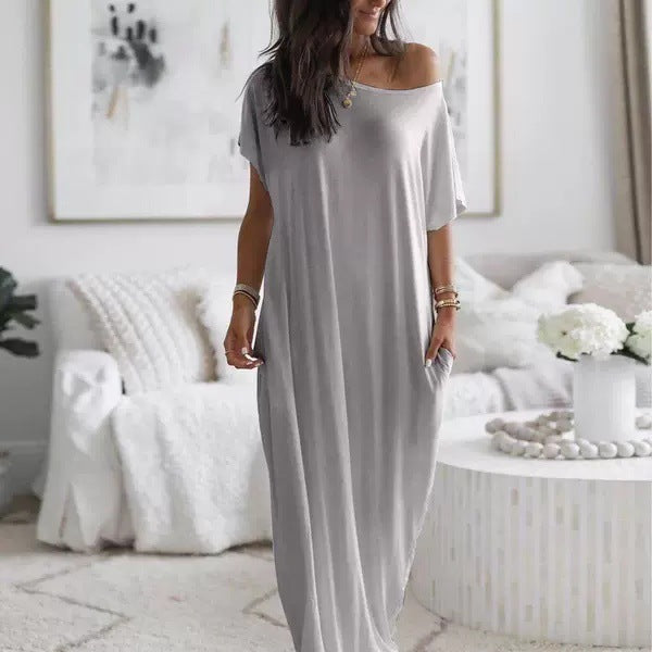 Women's Solid Color Short Sleeve And Long Pattern Casual Dress