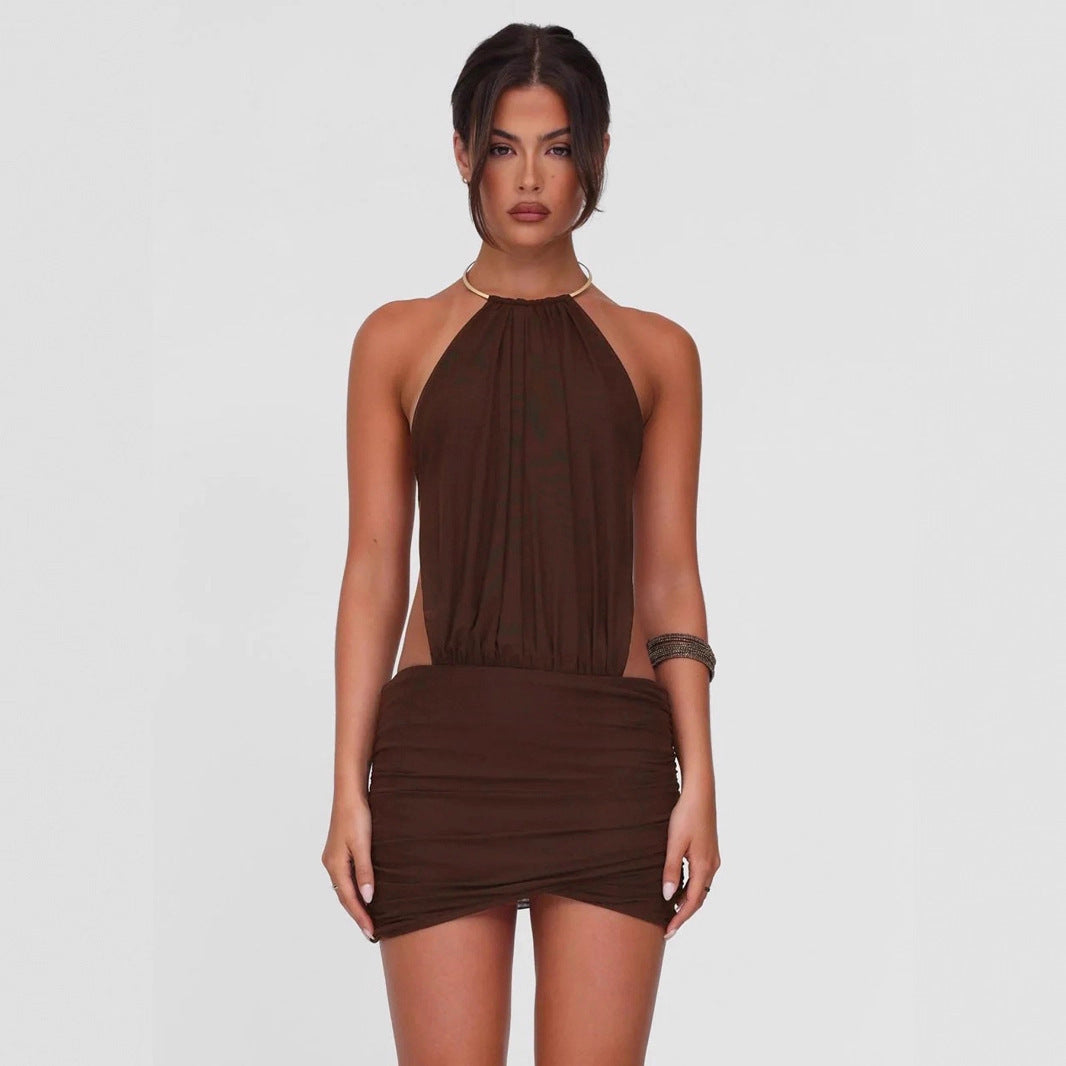 Metal Ring Halter Sexy Backless Lace Up Dress