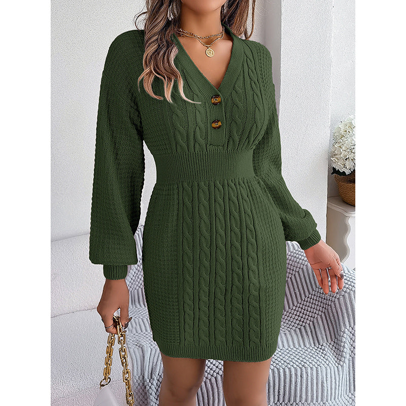 Women's Cable Knit Sweater Dress - V-Neck Button Front Lantern Sleeve Bodycon Mini Dress With Elastic Waist For Fall