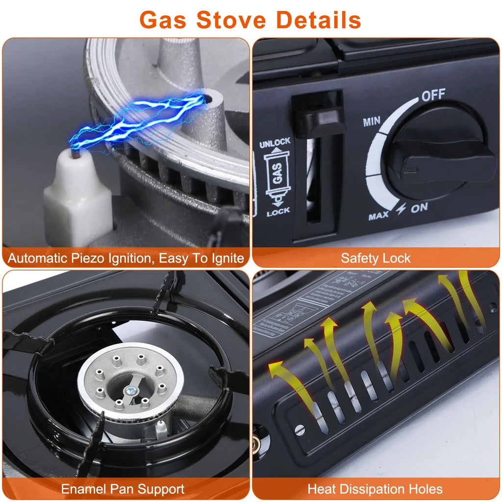 3300W Portable Camping Stove Butane Canister Dual Fuel Burner Piezo Electric Ignition Single Burner With Automatic Tank Ejection Overpressure Cut Off Carry Case For Camping Hiking Picnic Fishing