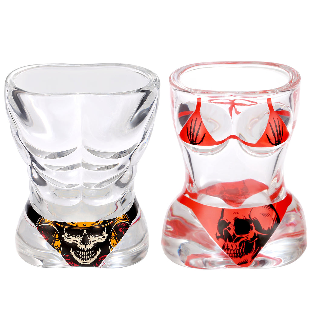 2 Pieces, Black Muscle Men's And Red Bikini Skull Style Glass Small Wine Glasses Bar Tools Christmas Gift, Halloween Gift, Birthday Gift, Company Party Gift, Universal Gift