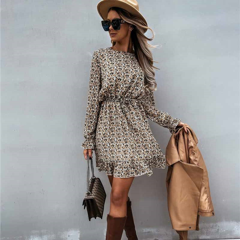 Elegant Print Long Sleeve Round Neck Pullover Women's Dress