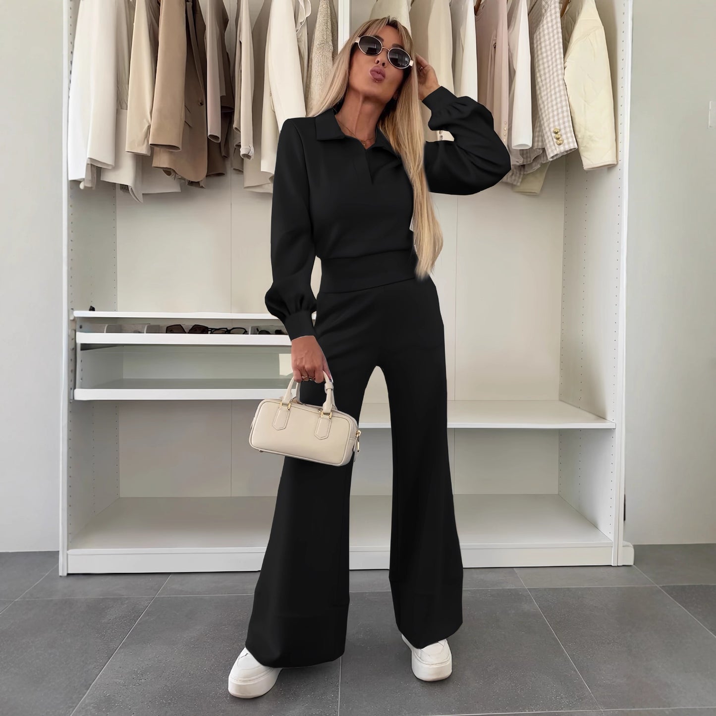 Long Sleeve Top Elastic Wide Leg Pants Two-piece Set