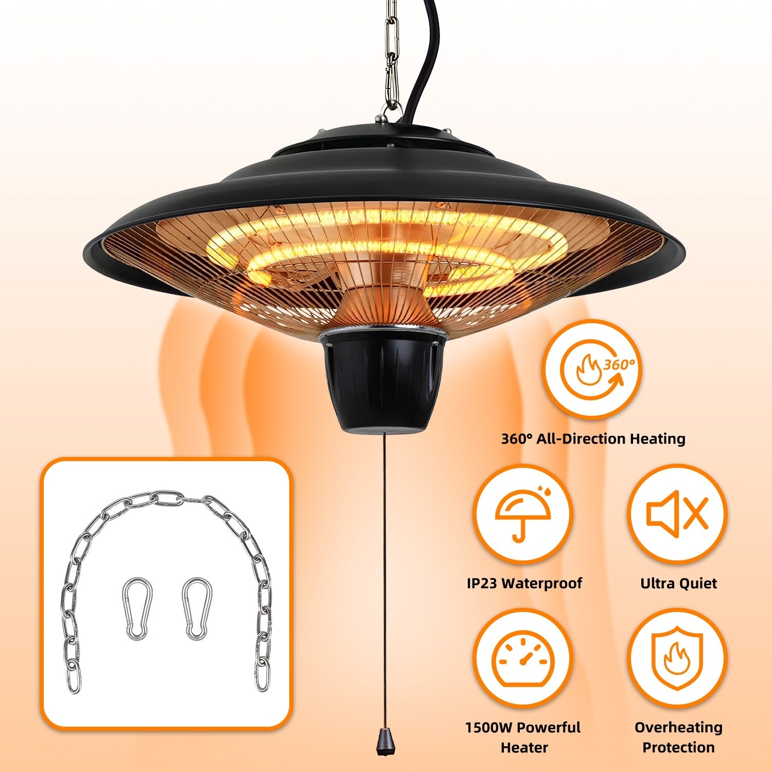 1Pc 1500W Outdoor Hanging Patio Heater Ultra-Quiet Electric Heating Lamp IP23 Waterproof 2 Heating Levels Overheating Protection Ceiling Mounted Outdoor Heater