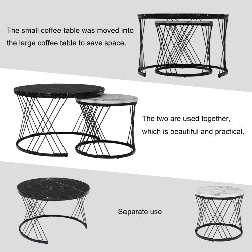 Round Coffee Table, Modern Coffee Table Set Of 2 Marble Pattern Top With Metal Frame, Small Side Table, End Table For Living Room, Bedroom, Home Office, Farmhouse, White And Black