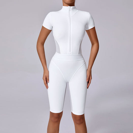 Tight Waist Open Collar Zipper Short Sleeve Yoga Jumpsuit Women