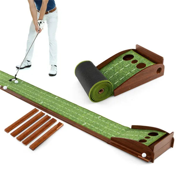 10ft Golf Putting Mat - Automatic Ball Return, 3 Hole Sizes (3.5"/2.7"/2.4"), Brown+Green