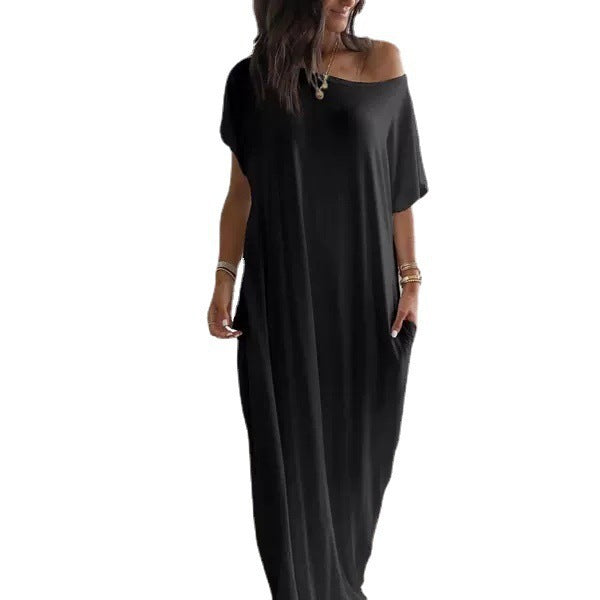 Women's Solid Color Short Sleeve And Long Pattern Casual Dress