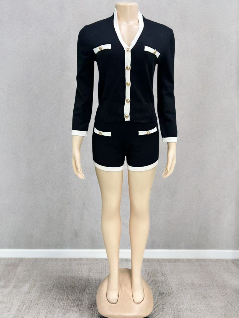 Women's Contrast Color Single-breasted Long Sleeve Thread V-neck Cardigan Top Shorts Two-piece Set