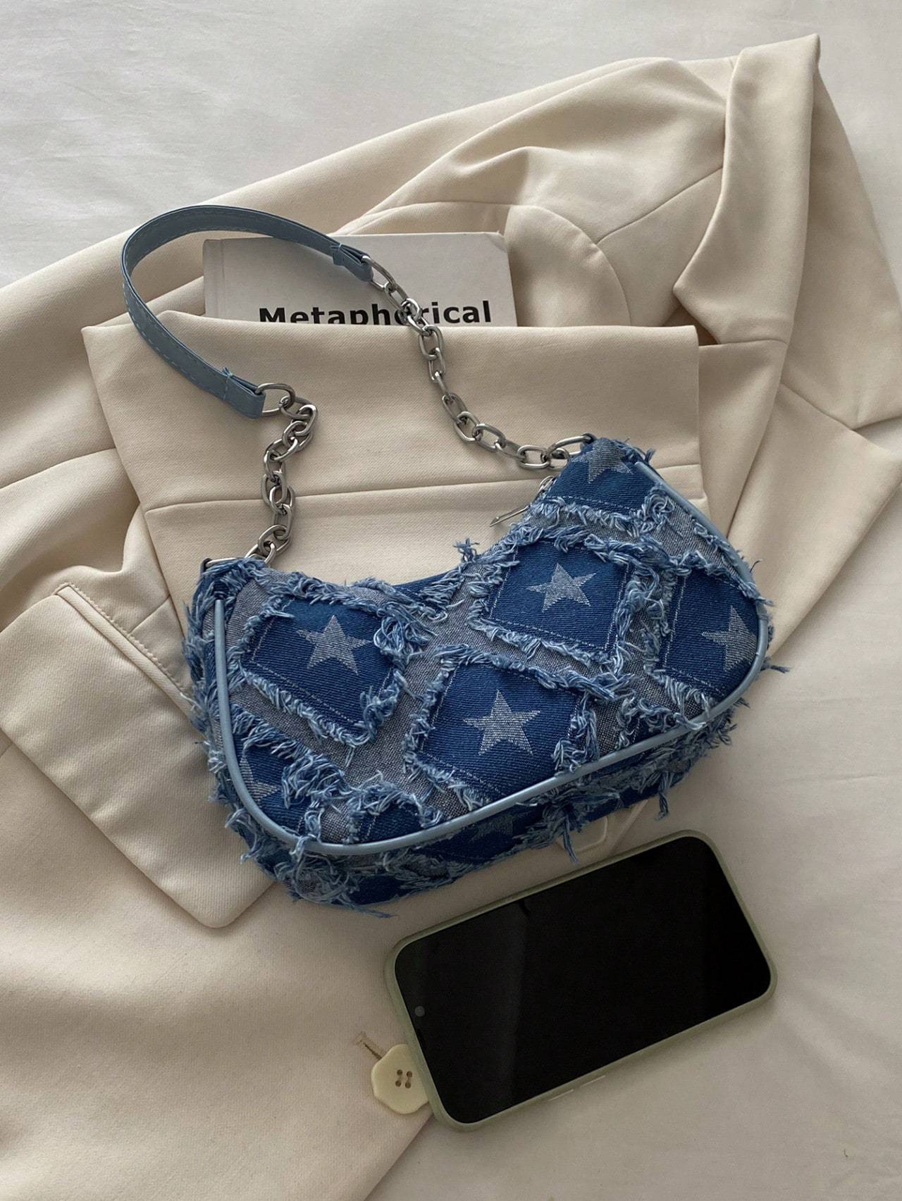 Fashionable And Stylish Design, Casual Personality, Gradient Star Denim Chain, Crossbody Shoulder Small Square Women's Bag