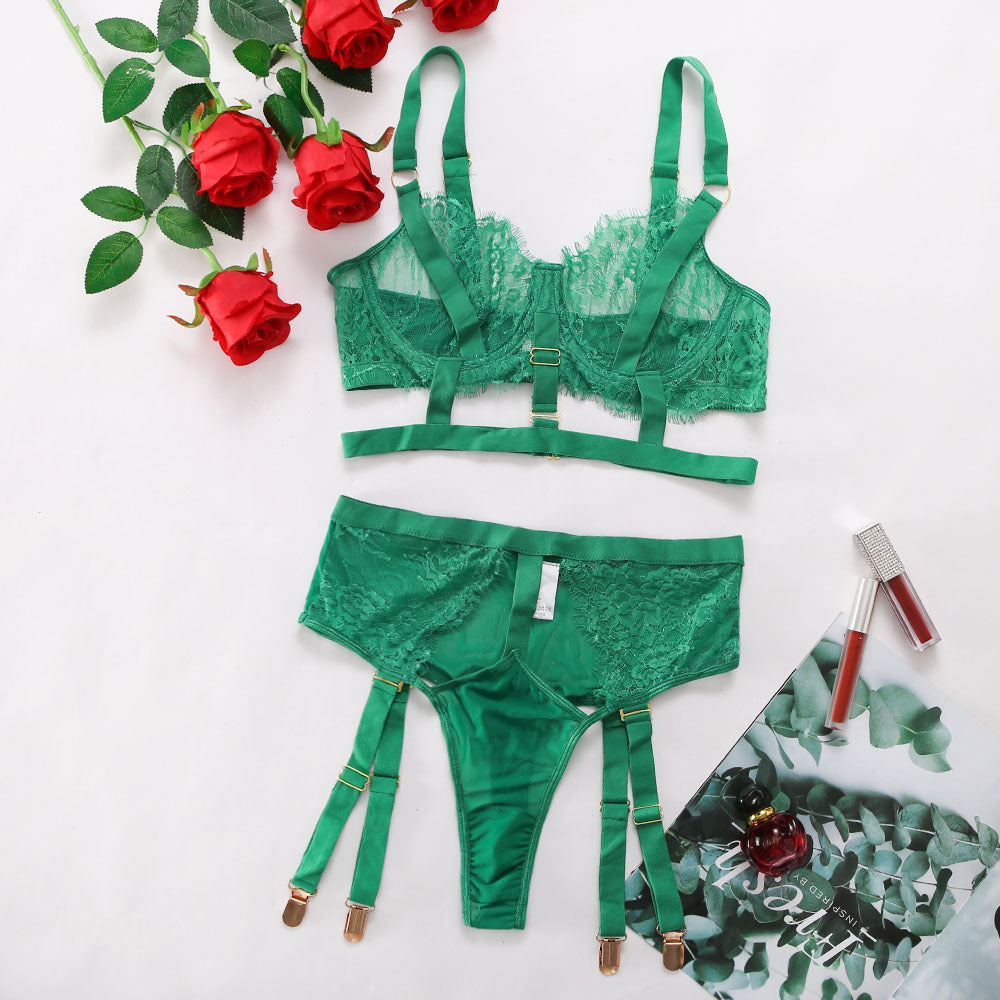 Lace Mesh Solid Color Women's Underwear Three-piece Set