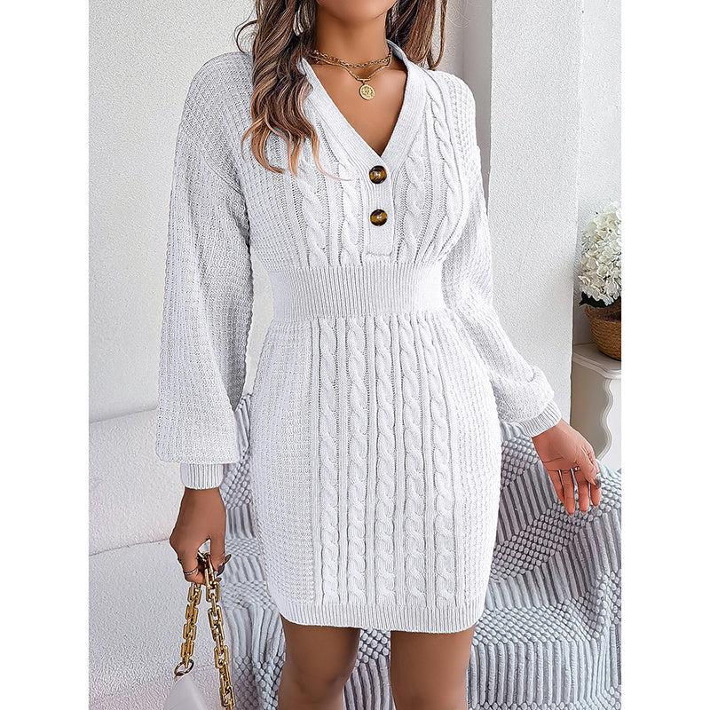 Women's Cable Knit Sweater Dress - V-Neck Button Front Lantern Sleeve Bodycon Mini Dress With Elastic Waist For Fall