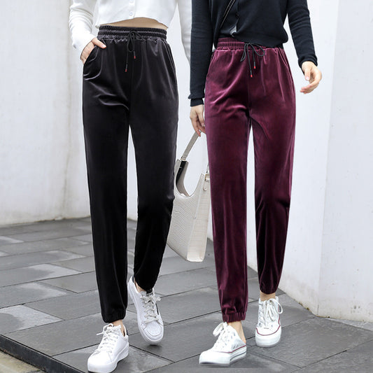 Gold velvet casual pants plus cashmere
