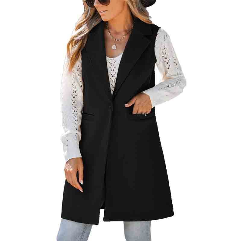 European And American Fall And Winter Lapels Button Sleeveless Woolen Coat For Women