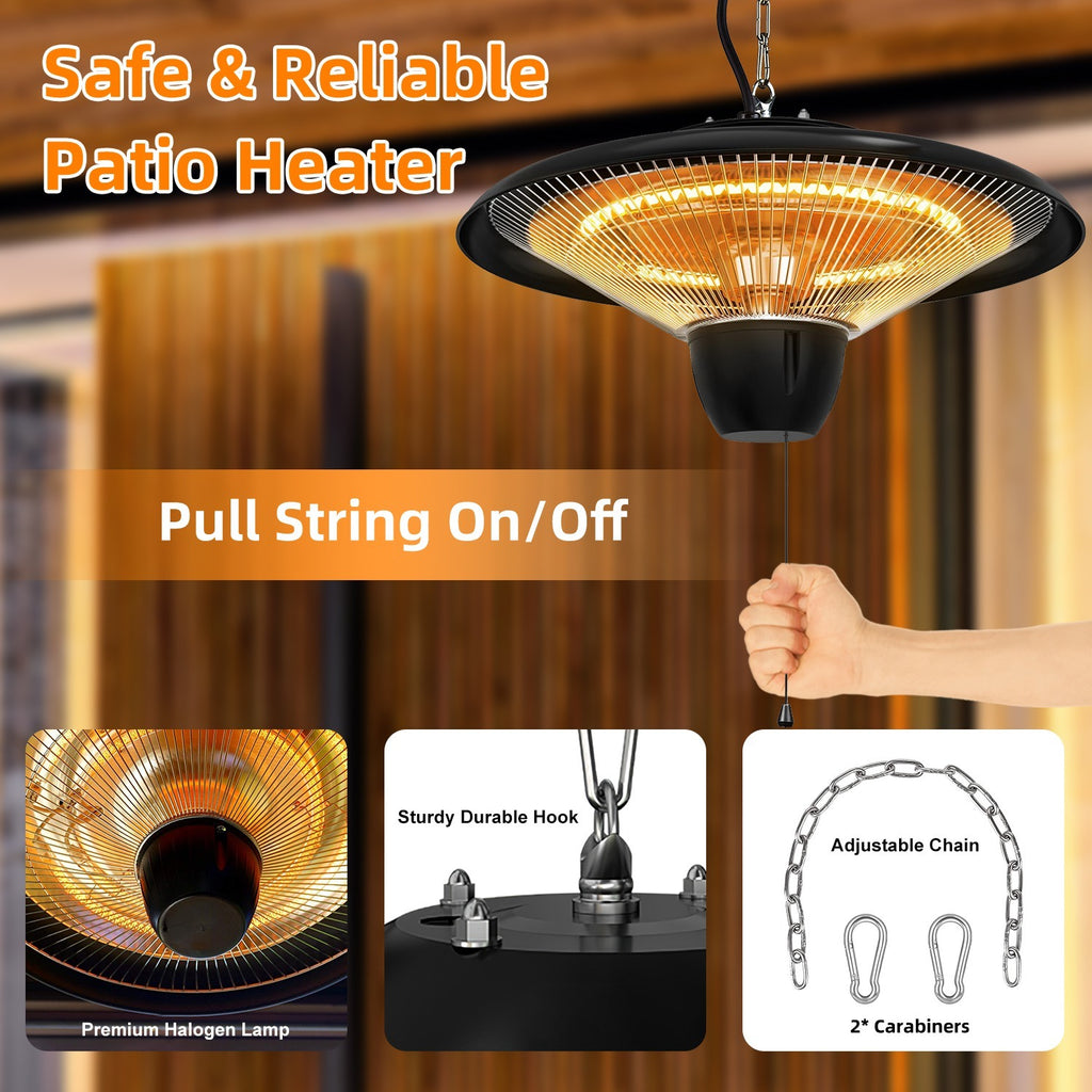 1Pc 1500W Outdoor Hanging Patio Heater Ultra-Quiet Electric Heating Lamp IP23 Waterproof 2 Heating Levels Overheating Protection Ceiling Mounted Outdoor Heater