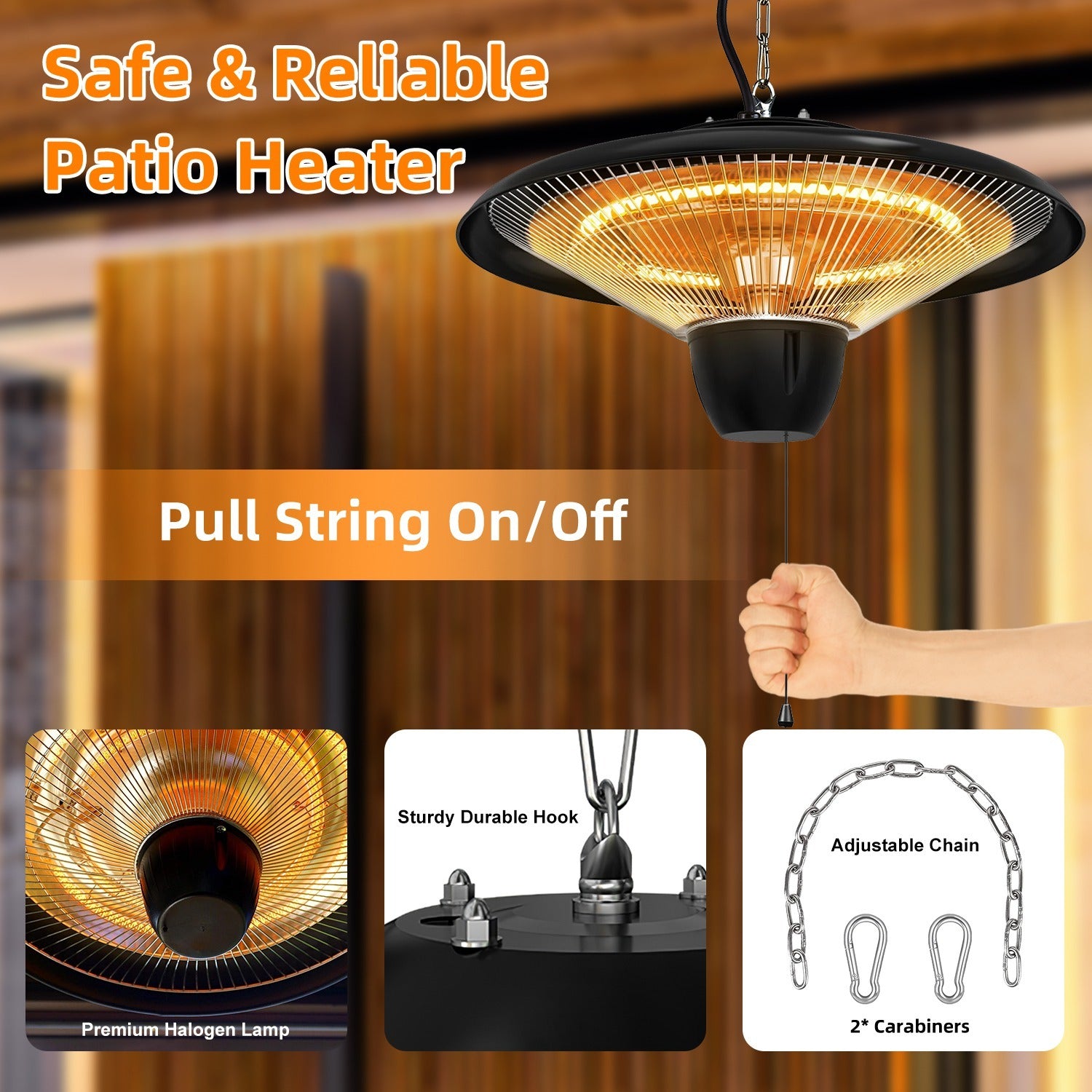 1Pc 1500W Outdoor Hanging Patio Heater Ultra-Quiet Electric Heating Lamp IP23 Waterproof 2 Heating Levels Overheating Protection Ceiling Mounted Outdoor Heater