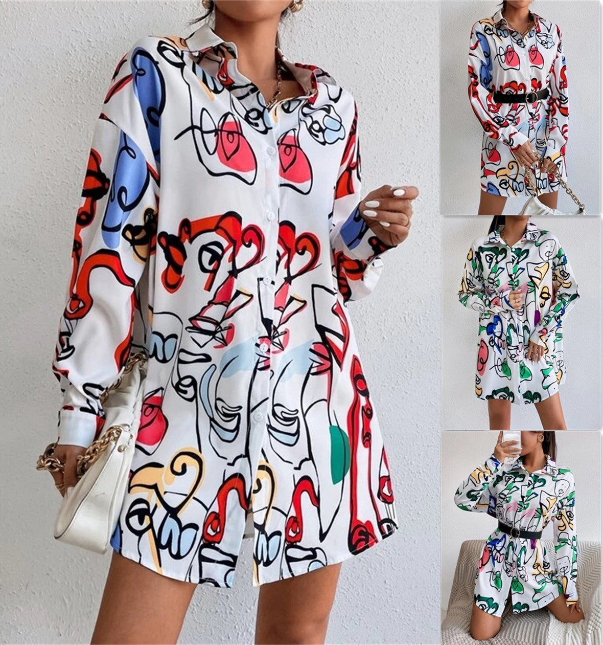 Ladies Fashion Belt Shirt Print Dress