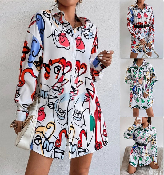 Ladies Fashion Belt Shirt Print Dress