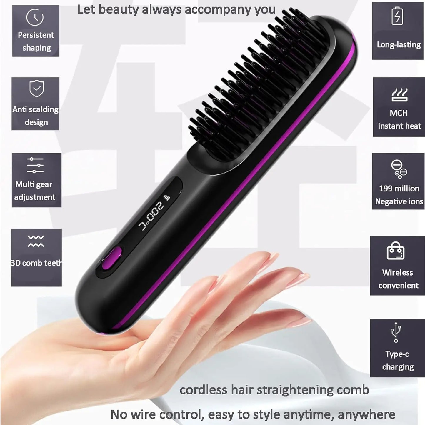 S7 Portable Cordless Hair Straightening Brush With LED Display - Lightweight Mini Negative Ion Hot Brush, USB Rechargeable Women's Travel Essentials Gift, Scald Protection