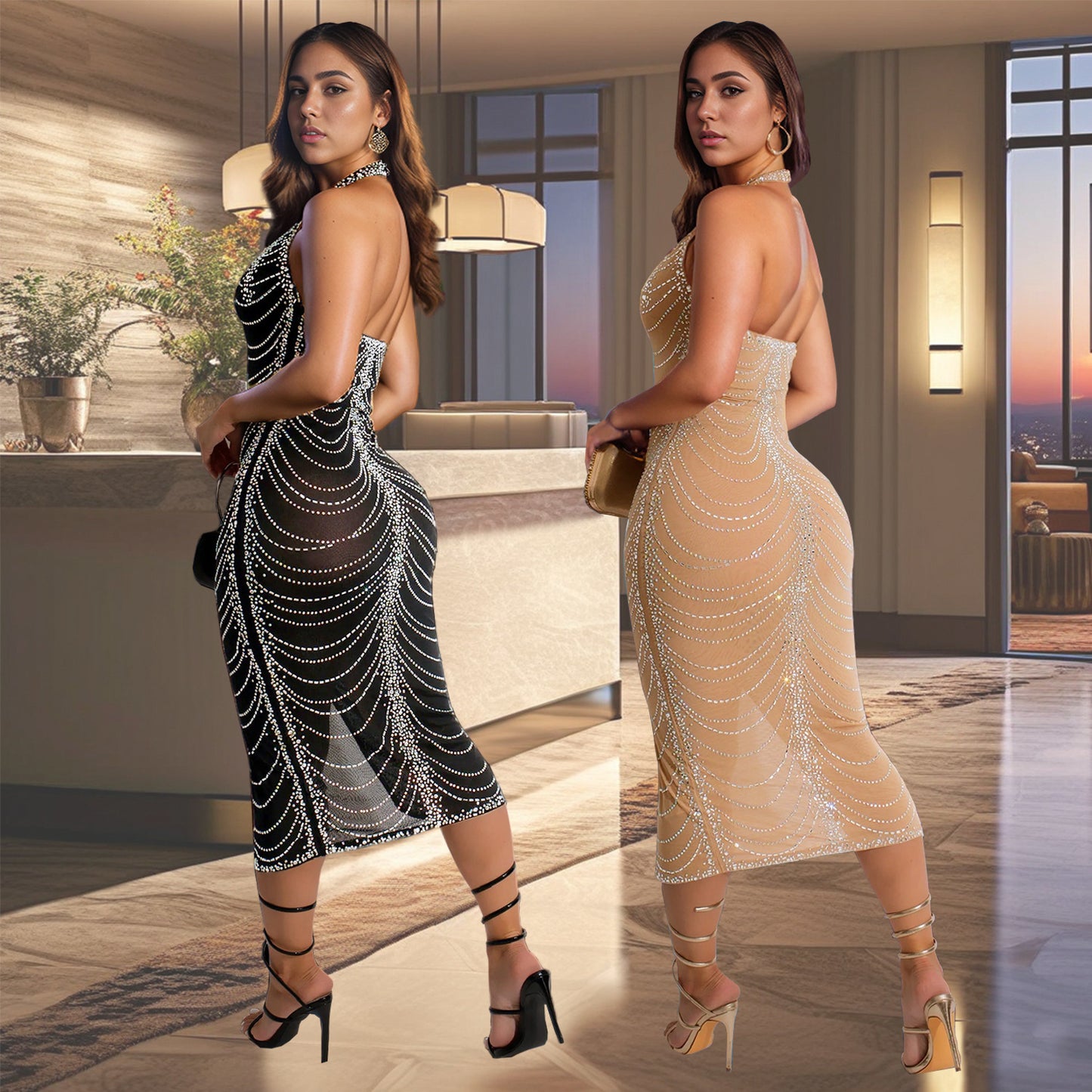 European And American Fashion Rhinestone Slim Fit Dress